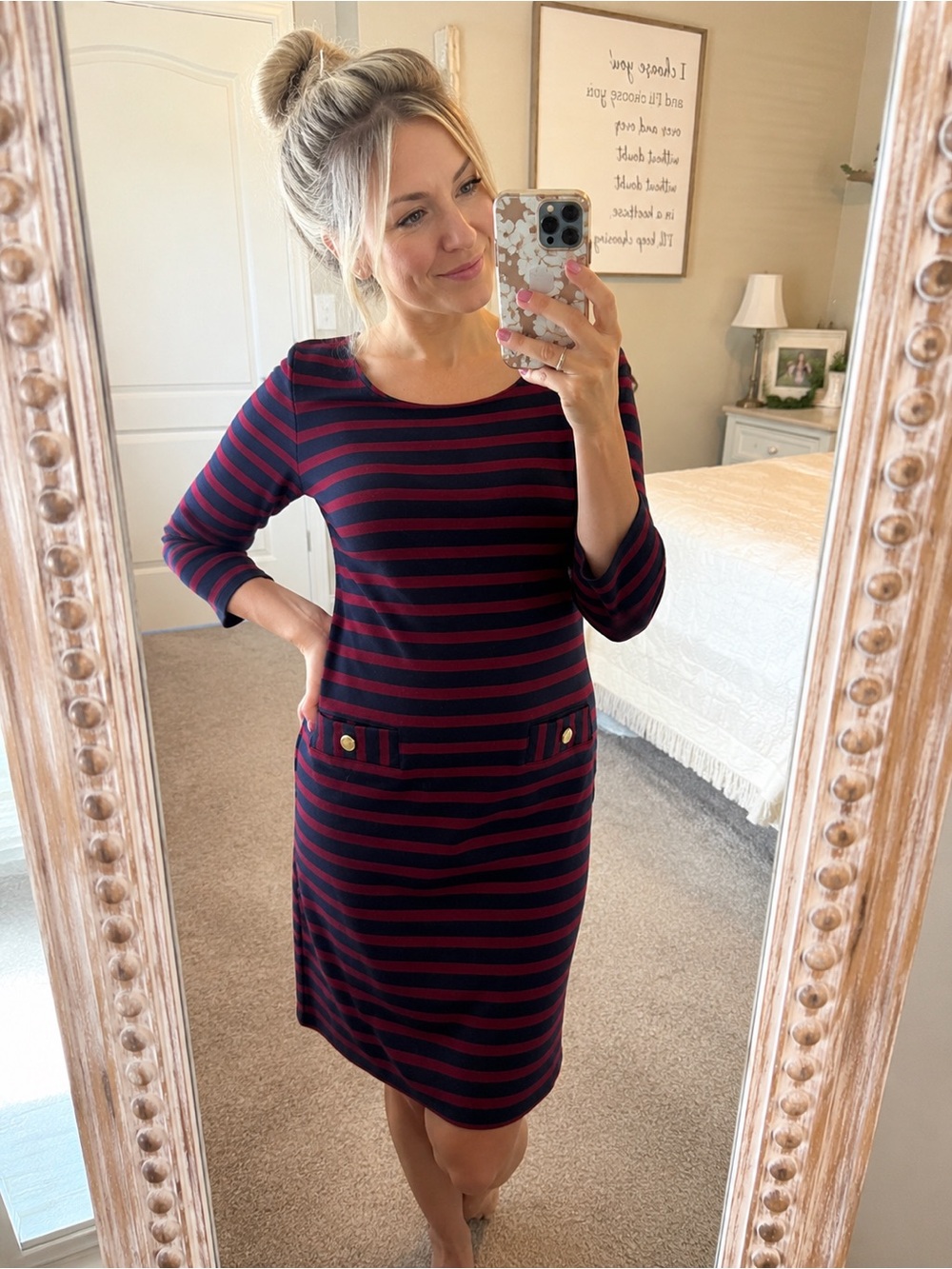 Talbots Long Cotton Striped Dress Navy Blue Red Gold Buttons Size small